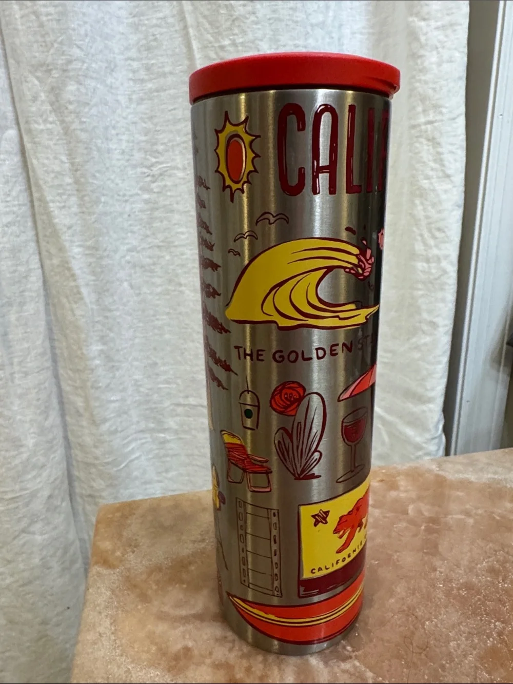 Starbucks Stainless Steel Tumbler Silver & red, NWOT “Been There” California